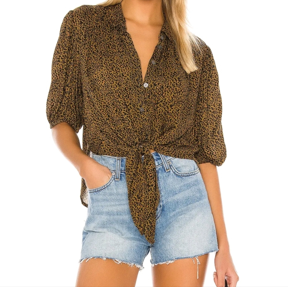 Free People Celia Animal Print Tie hem button down blouse